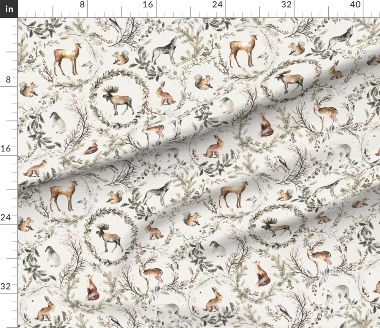 Winter Nature Forest Animals Botanical Nautral Moose Squirrel Fox Deer Forest Animals Custom Printed Fabric by Spoonflower Various Fabrics by the Yard or Fat Quarter